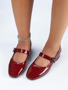 1 Par de Sapatos Boneca Marrom Vinho e Preto Clássicos de Couro Envernizado Femininos, Estilo Retrô Elegante Francês, Bico Quadrado Salto Grosso de 3cm, Elegante e Versátil para Trabalho e Transporte