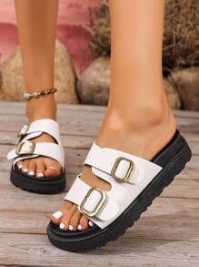 全新大码女式坡跟厚底凉鞋，时尚百搭简约风格，舒适柔软纯色脚背包覆女式坡跟厚底凉鞋