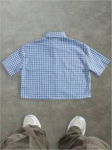 Men's Plaid Shirts Gingham Short Sleeve Button Down Crop Tee Topshalloween - Đã kiểm tra màu xanh - Xem 8