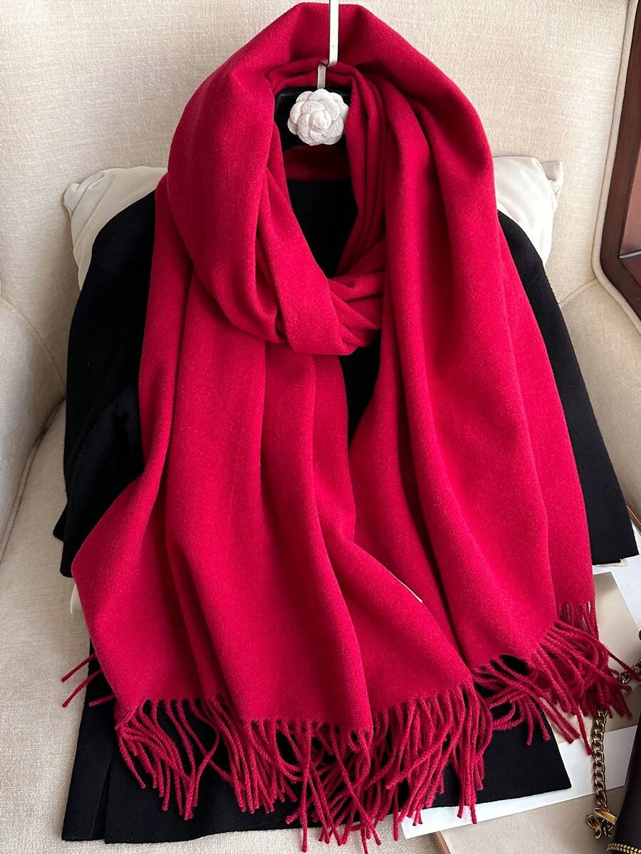 1 件女士黑色羊绒质感纯色围巾，带流苏，柔软披肩，适合春夏秋冬 - 紅色 - 查看 1