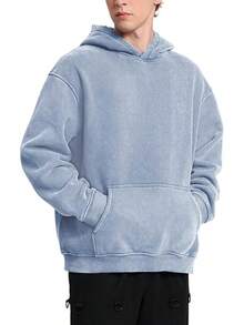 FAIABLE Mens Hoodies Oversized Unisex Wash Hoodie Heavyweight Fleece Vintage Cotton Sweatshirt Men Women Streetwear - 霧霾藍 - 查看 3