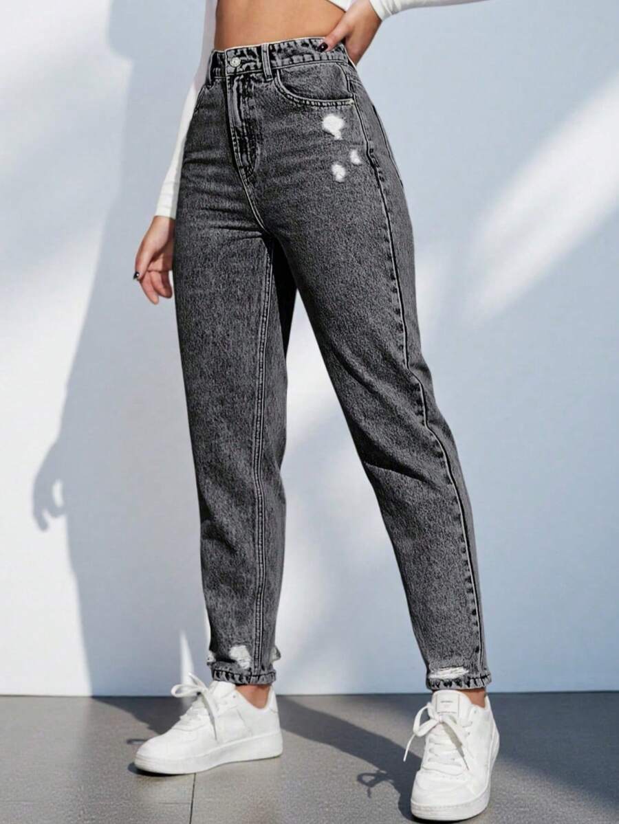 Kissmelady 8419 Tapered Jeans Zipper Women's Mom Jeans With Scratches 8419 - 黑色 - 查看 1