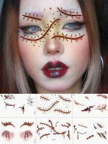 6 أوراق وشم وجه مؤقت للهالوين مع ندبات مزيفة واقعية وغرز جروح وشبكة عنكبوت مقاومة للماء وشم قوطي مصاص دماء ملصقات وشم للهالوين إكسسوارات حفلات الرقص الكوسبلاي مهرجان حفلة - متعدد الألوان - مشاهدة 9