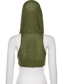 Women Knitted Hoodie Sweater Vest Sleeveless Hollow Out Hooded Crop Top Streetwear Rave Oufit - 墨綠色 - 查看 5