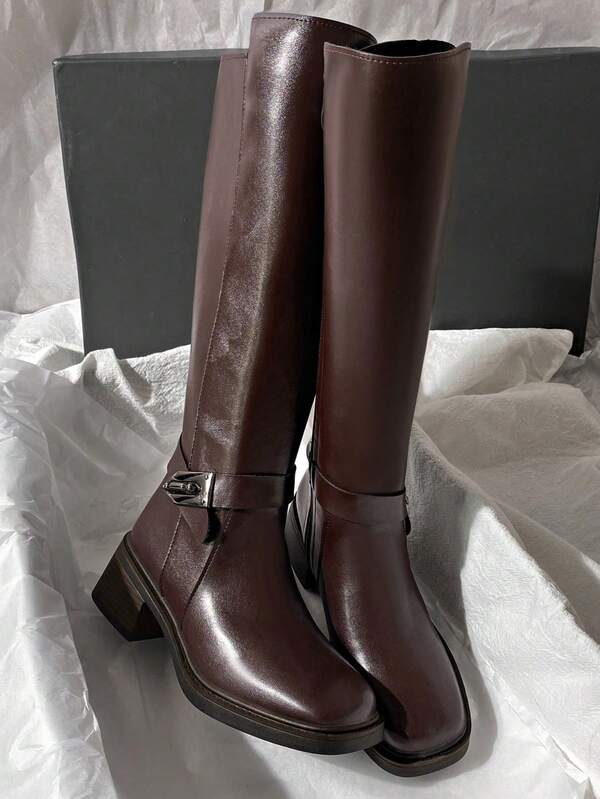 Fall/Winter 2025 New Mid-Heel Knee-High Boots, Minimalist Motorcycle Riding Style, Versatile For Women