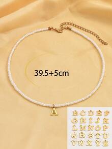 1 件奢华时尚女士 26 字母米珠项链不锈钢女士日常佩戴日期