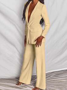 2pcs Women Solid Color Long Sleeve Blazer Jacket And Pants Suit Set - Khaki - View 4