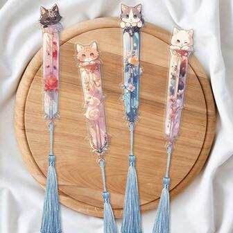 1pc Acrylic Bookmark, Cat Pattern - Cute Transparent Bookmark With Tassel, Ideal Gift For Book Lovers