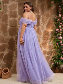 Plus Tulle Off The Shoulder Maxi Dress For Wedding Guest Evening Party Formal Event Prom Gowns Fashion Elegant Cruise Graduation Homecoming Curve - Mauve Purple - View 3