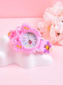 3D立体柔软硅胶表带石英表，带旋转秒针和蝴蝶图案，创意礼物，适合女孩佩戴 - 粉色 - 查看 7