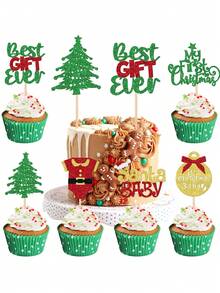 12 PCS Christmas Santa Cupcake Toppers Glitter My First Christmas Cupcake Picks Merry Christmas Tree Cake Decorations For Gender Reveal Birthday Party Supplies Christmas Christmas Decorations Christmas Pajamas Christmas Gifts Christmas Decor