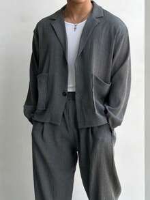 男士高品质纹理休闲西装套装，包括夹克和宽松长裤，春秋季 - 灰色 - 查看 2