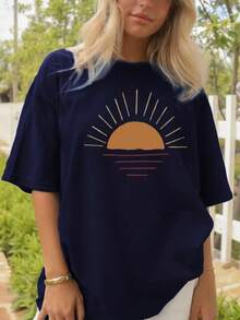 Áo thun nữ cổ tròn tay ngắn in họa tiết mặt trời đơn giản, thoải mái, phong cách mùa hè mới thời trang - Màu xanh hải quân - Xem 7