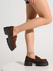 Mocassins à plateforme haut de gamme style britannique pour femmes, design polyvalent coréen avec semelle épaisse, talons compensés - brun - Voir 5