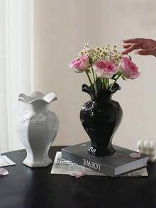 1 pieza Jarrón de cerámica con relieve de estilo francés retro, diseño de rosa tallada redonda, elegante decoración del hogar para mesa, jarrón altamente atractivo para arreglos florales, decoración de sala de estar y dormitorio, jarrón para centros de mesa