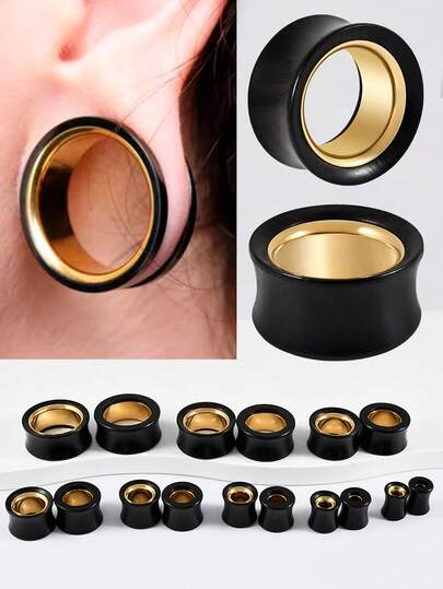 1 对不锈钢乌木双喇叭形耳塞，金色，男女通用，双色耳道扩张器，经典穿孔身体饰品