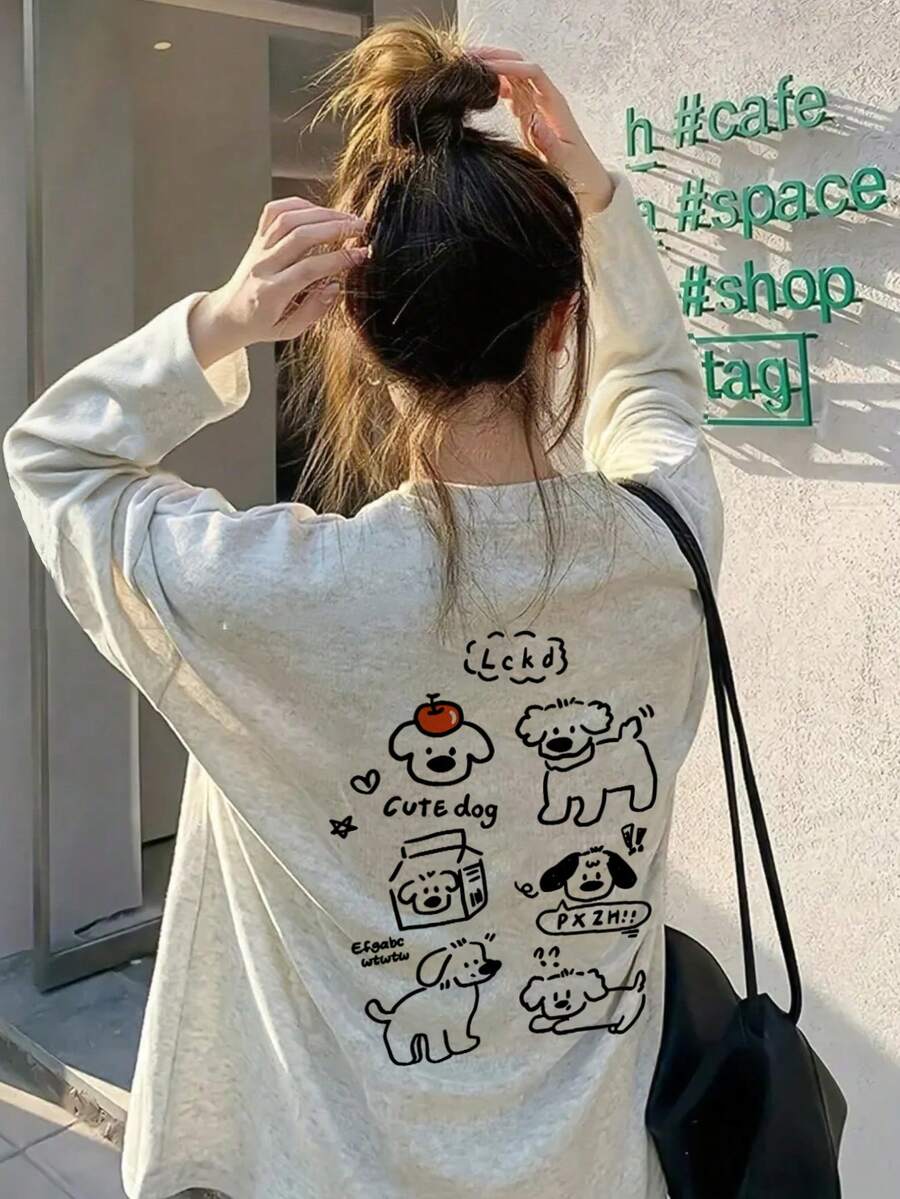 女款休閒寬鬆字母與卡通印花圓領長袖T恤,時尚百搭,春秋適用 - 淺花灰 - 查看 1