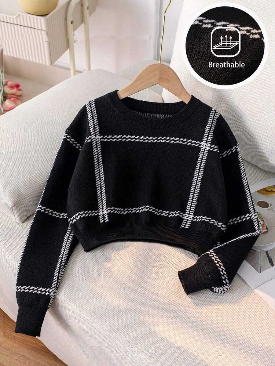 Girls' Simple Plaid Striped Short Knit Pullover Sweater, Suitable For Casual Daily Wear, Spring, Autumn, Winter - Black - View 1