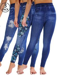 Bộ 3 quần legging jegging thời trang nữ, quần lửng co giãn thoải mái, thích hợp đi bộ ngoài trời, mua sắm, đi nghỉ mát, dự tiệc, mùa xuân/hè. - Màu xanh lam - Xem 1