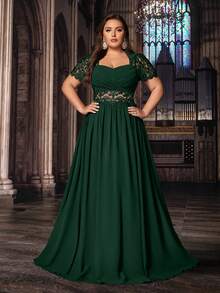 QOQ Elegancka suknia wieczorowa w dużych rozmiarach, elegancka, na przyjęcie urodzinowe, kolację, wesele, z koronką i bufiastymi rękawami, z szyfonu, na Walentynki - Ciemnozielony - Zobacz 3