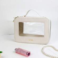 Customized Letters 1pc Colorful Portable PU Leather Cosmetic Case Graceful Life Travel Transparent Ladies Makeup Bag Clear TPU Water- Resistant Monogrammed Initial Letters Cosmetic Bag Women Toiletries Accessories Wash Bag Letter Multifunction, Versatile, Large Capacity, Lightweight, Functional, Foldable, Practical, All-Purpose Fashionable, Contracted, Minimalist, Preppy, Basics,Bags & Luggage,2025 Halloween Accessories,Essential For Daily Travel - Black - View 5