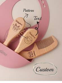 Customized Baby Shower Gift Set Natural Beechwood Flat Comb Set With Wool Brush & Massage Cushion - Personalized Name & Animal Designs For Hair Care & Scalp Health,Christmas Gift Supplies