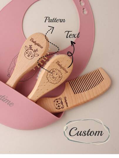 Customized Baby Shower Gift Set Natural Beechwood Flat Comb Set With Wool Brush Personalized Name & Animal Designs For Hair Care & Scalp Health