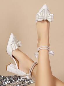 优雅白色仿珍珠 - 饰有蝴蝶结的尖头粗跟鞋 - 时尚别致，适合特殊场合、优雅场合、女士高跟鞋、派对装、婚礼装。 - 白色 - 查看 2