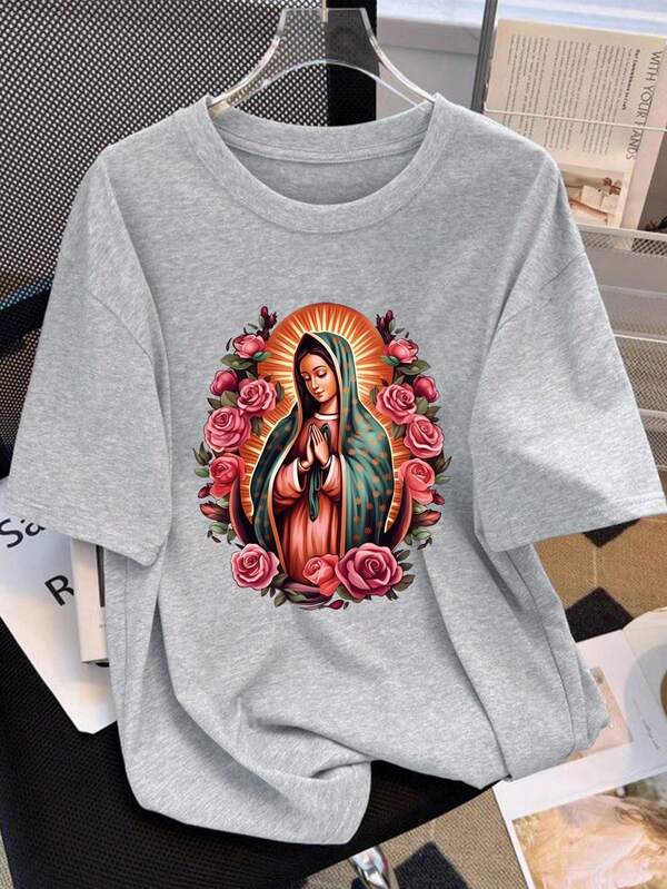 Young Girl Virgin Mary Graphic Round Neck Short Sleeve Casual T-Shirt