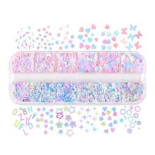 12 件美人鱼彩色字母、星星、蝴蝶美甲亮片装饰混合，包括浅色星星、圆圈、心形薄片，DIY 美甲用品