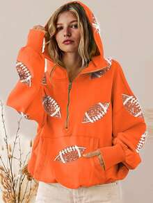 Womens Game Day Sweatshirts Football Sequin Hoodies Tailgate Outfits Long Sleeve Zipper Sweaters With Pocket - 橘色 - 查看 1