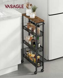VASAGLE Slim Rolling Cart, 4-Tier Narrow Storage Cart With Handle, 5.1 Inches Deep, Metal Frame, For Kitchen, Dining Room, Living Room, Home Office - 鄉村棕色+經典黑 - 查看 1