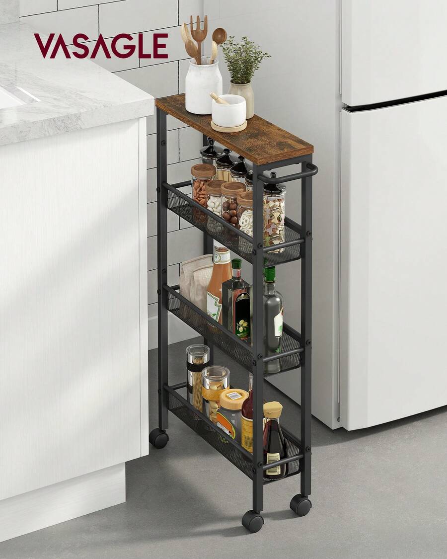 VASAGLE Slim Rolling Cart, 4-Tier Narrow Storage Cart With Handle, 5.1 Inches Deep, Metal Frame, For Kitchen, Dining Room, Living Room, Home Office - 鄉村棕色+經典黑 - 查看 1