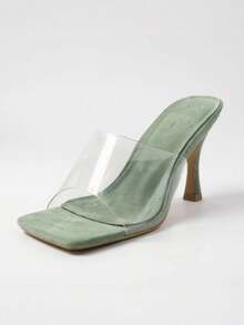 Women Square Open Toe Transparent Strap Sexy High Heels Sandals - Green - View 1