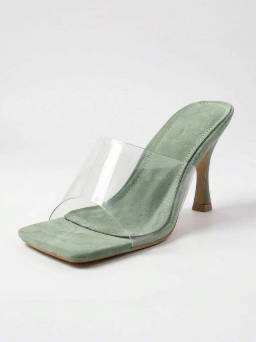 Women Square Open Toe Transparent Strap Sexy High Heels Sandals - Green - View 1