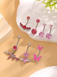5pcs Fashion Cubic Zirconia Decor Butterfly Shaped Belly Button Rings, Heart Shaped Dangle Navel Piercing Jewelry Suitable For Women, Daily Wear And Festival Gifts