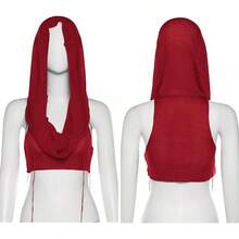 Women Knitted Hoodie Sweater Vest Sleeveless Hollow Out Hooded Crop Top Streetwear Rave Oufit - 紅色 - 查看 4