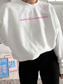 女款「MAINTAIN COMMITMENT」標語印花長袖圓領衛衣，休閒寬鬆百搭度假風上衣，時尚秋季日常穿搭 - 白色 - 查看 5