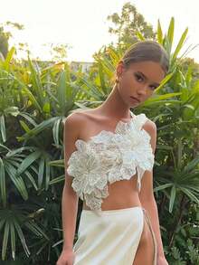 Women Asymmetrical 3D Flower Crop Cami Sparkly Glitter Sleeveless Bandage Tank Top Elegant Y2K Party Streetwear - 白色 - 查看 5