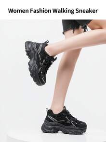 somiliss Teniși cu șireturi și platformă de 6 cm pentru femei, plasă respirabilă, decorați cu strasuri, antiderapanți, pantofi sport casual, versatili, potriviți pentru toate anotimpurile, negri