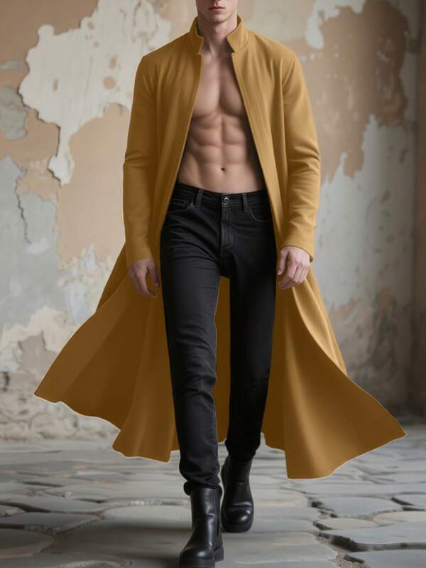 INCERUN Mens Stand Collar Open Front Long Sleeve Casual Solid Jacket Coat Fall Long Cardigans