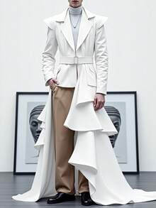 INCERUN Fashion Mens Lapel Neck Long Sleeve Ruffles Hem Blazer Casual Party Cardigan Belted Long Jacket Coat - trắng - Xem 1