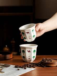 半套沙漠骆驼棕榈树陶瓷咖啡杯，180毫升/250毫升 - 可重复使用，浓缩咖啡杯，适合聚会和特殊场合，沙漠主题礼品，沙漠装饰 | 沙漠主题装饰，耐用陶瓷杯，沙特国庆日礼品，节日礼品，适合下午茶、办公室、聚会、餐厅、咖啡馆、露营和斋月礼品 - 手握杯 - 查看 7