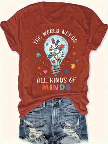 [Camiseta de Concientización] Camiseta con Estampado Gráfico de Concientización sobre el Autismo| Camiseta Casual de Cuello Redondo Suave y Elástica para Mujeres, Lavable a Máquina, Top de Primavera Verano, Diseño de Bombilla y Flores "El Mundo Necesita Todo Tipo de Mentes", Camiseta de Colores Juguetones, Camiseta de Ajuste Cómodo - Negro - Ver 8