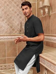 Mens Kurta Cotton Linen Henley Shirts Kaftan Short Sleeve Lounge Plain Gown Shirt-20256688 - 酒紅色 - 查看 8