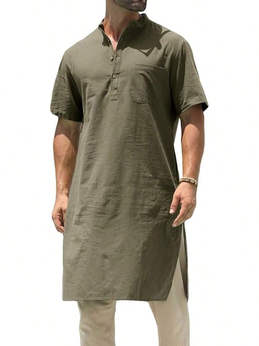 Mens Kurta Cotton Linen Henley Shirts Kaftan Short Sleeve Lounge Plain Gown Shirt-20256688 - xanh quân đội - Xem 1