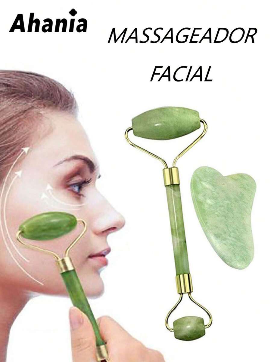 Ahania Rolo Pedra de Jade Rolinho de Massageador Facial Pedra Jade Pedra GuaSha - Facial Anti Rugas Massagem Facial Coporal