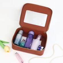 Customized Letters 1pc Colorful Portable PU Leather Cosmetic Case Graceful Life Travel Transparent Ladies Makeup Bag Clear TPU Water- Resistant Monogrammed Initial Letters Cosmetic Bag Women Toiletries Accessories Wash Bag Letter Multifunction, Versatile, Large Capacity, Lightweight, Functional, Foldable, Practical, All-Purpose Fashionable, Contracted, Minimalist, Preppy, Basics,Bags & Luggage,2025 Halloween Accessories,Essential For Daily Travel - Black - View 9