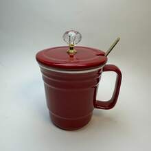 Cốc sứ tối giản kiểu Mỹ, cốc sứ đỏ, cốc ăn sáng sáng tạo kèm thìa, cốc cà phê, cốc nước gia dụng cá nhân hóa dành cho cặp đôi. - Đỏ - Xem 9