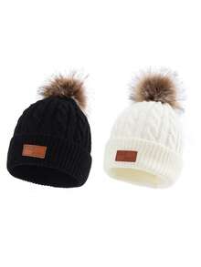 2 件 FAS 标志针织帽，男女通用，儿童保暖麻花针织帽 - 2pcs - 查看 16